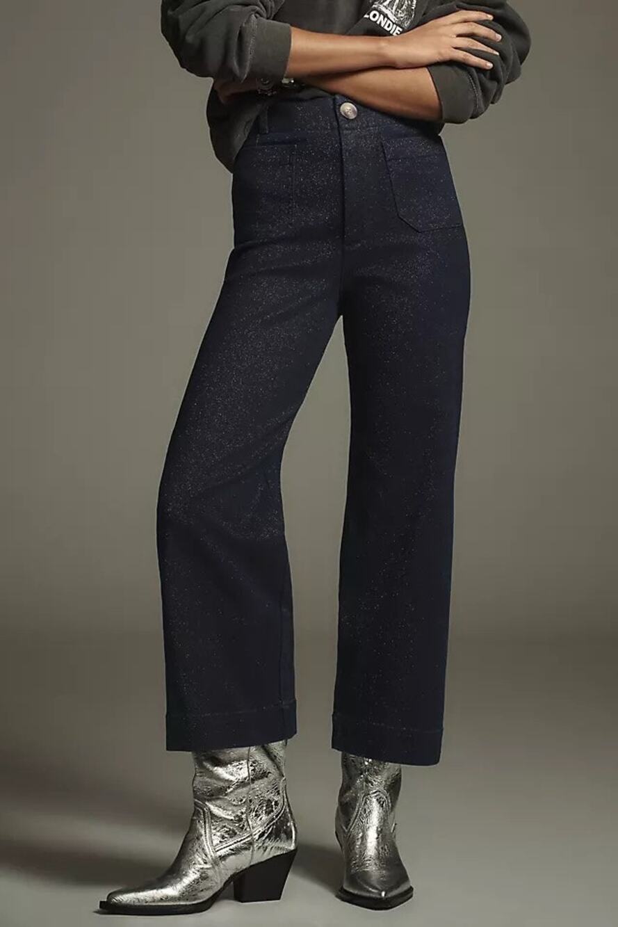 Anthropologie Maeve Colette Sparkle High-Rise Wide-Leg Cropped Jeans Rinse Sz 26